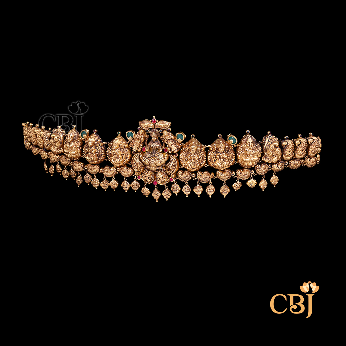 Side View of Front View of CBJ's Lightweight nakshi antique vaddanam featuring lakshmi motifs