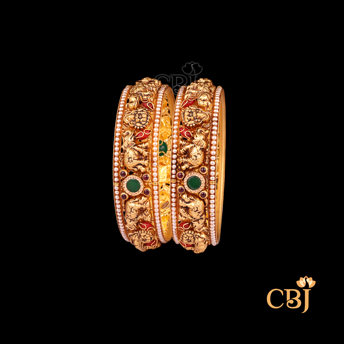 38 grams Antique Lightweight Gold Bangles Design displayed as a pair of broad gold bangles with antique texture