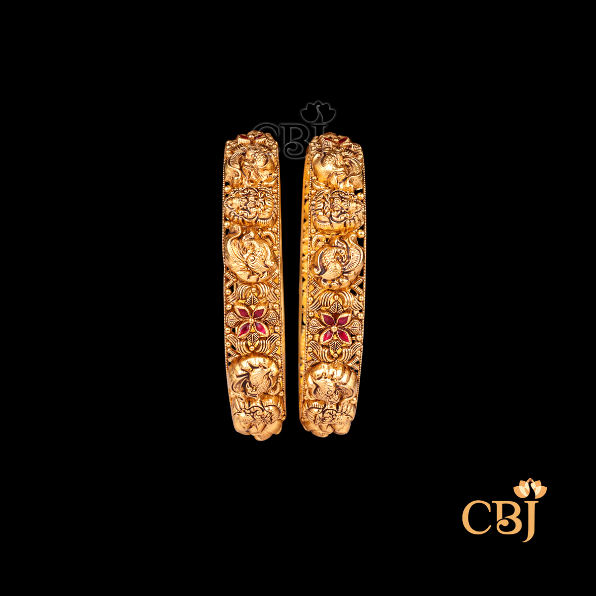 27 grams Antique gold Bangles Design shown as a pair of traditional gold bangles with antique finish, textured detailing, and circular wrist fit.