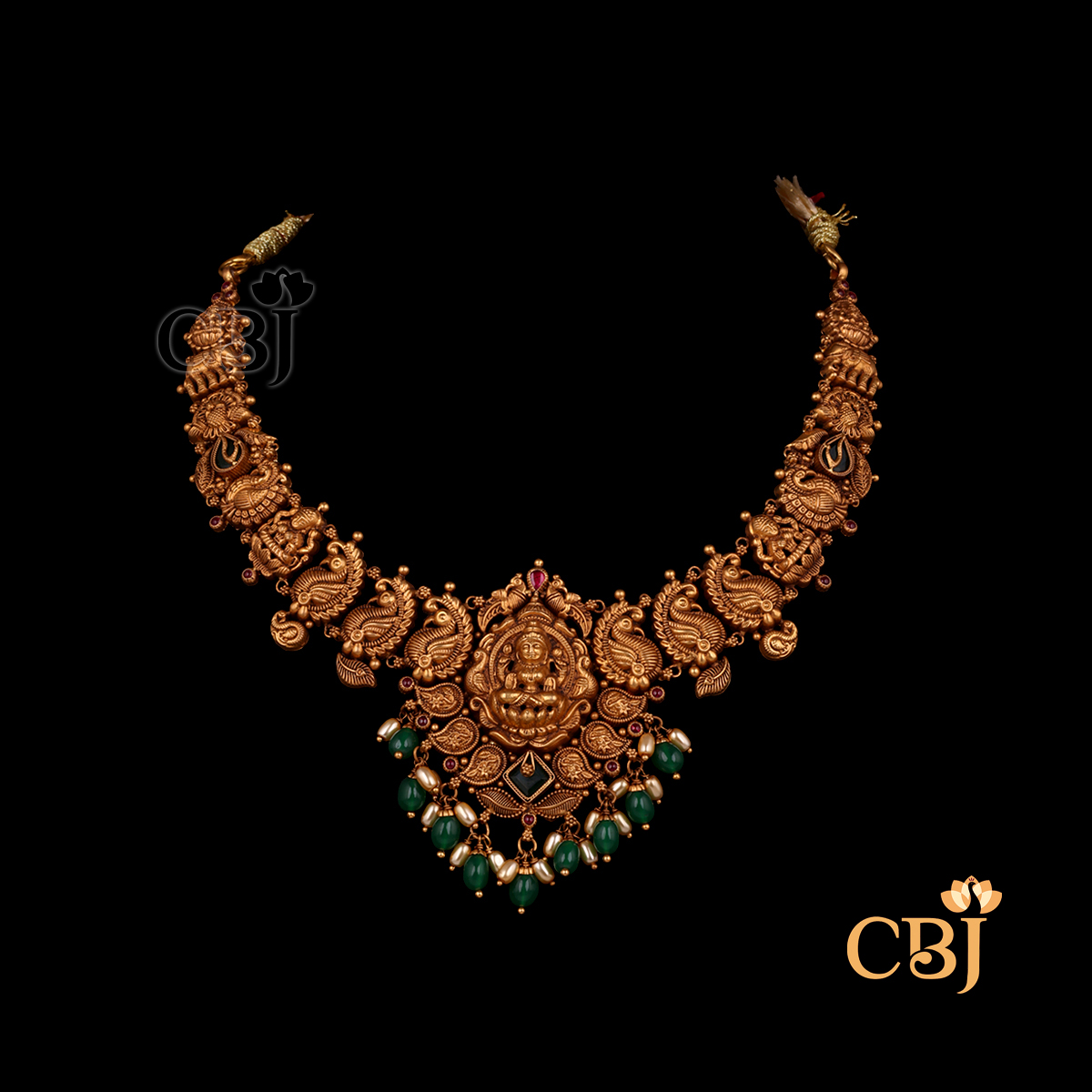 Front view of CBJ's 19 Grams Antique Light Weight Short Nakshi Gold Bridal Necklace Design