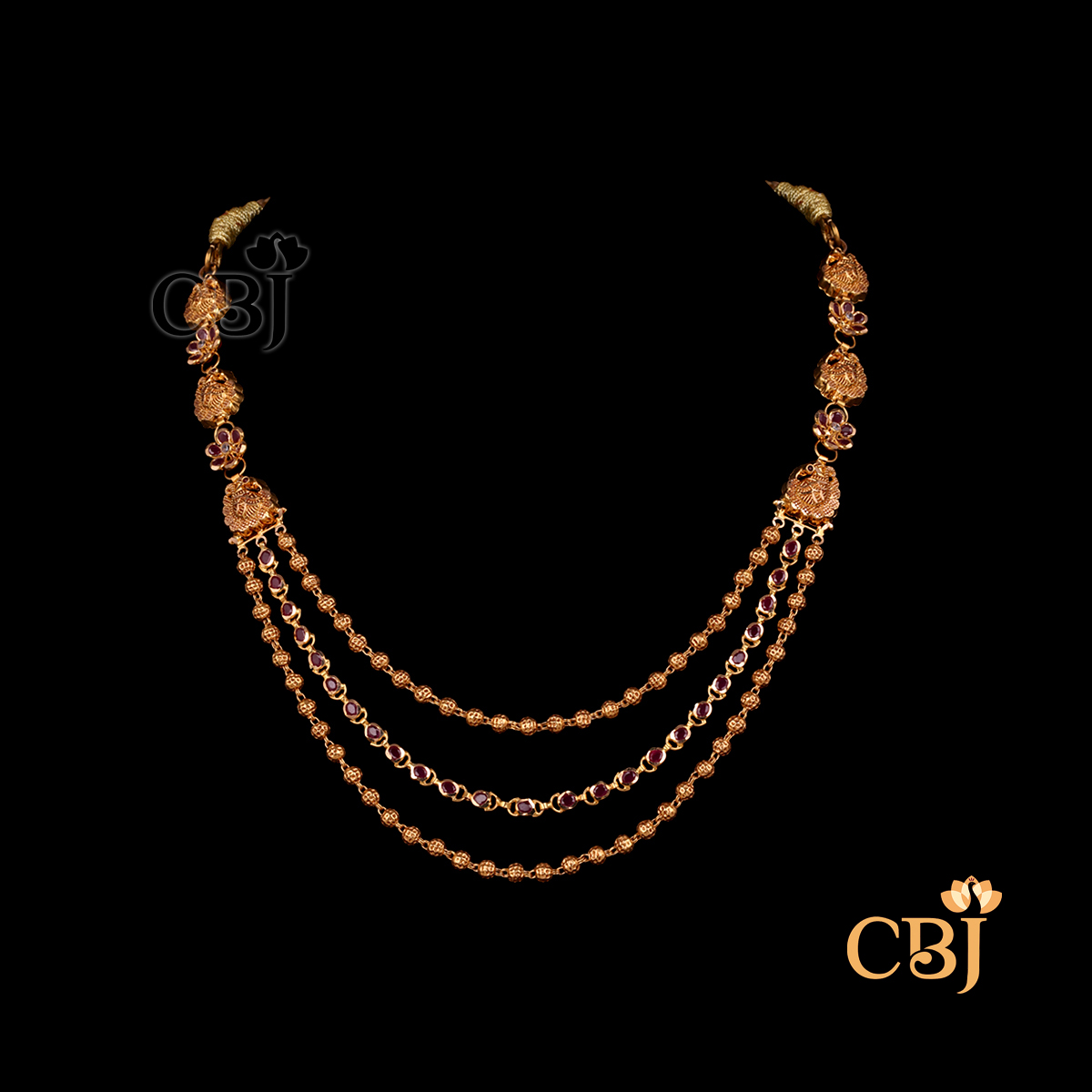 11 Grams Ultra-Light weight 3-layer Ruby Short gold Necklace Design shown as a close-fitting gold necklace with three layered chains and ruby detailing arranged neatly around the neck.