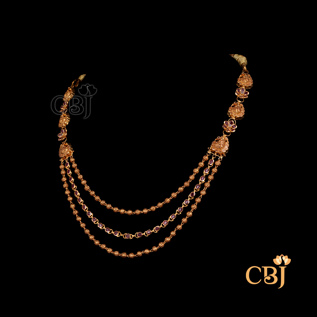 11 Grams Ultra-Light weight 3-layer Ruby Short gold Necklace Design shown as a close-fitting gold necklace with three layered chains and ruby detailing arranged neatly around the neck.