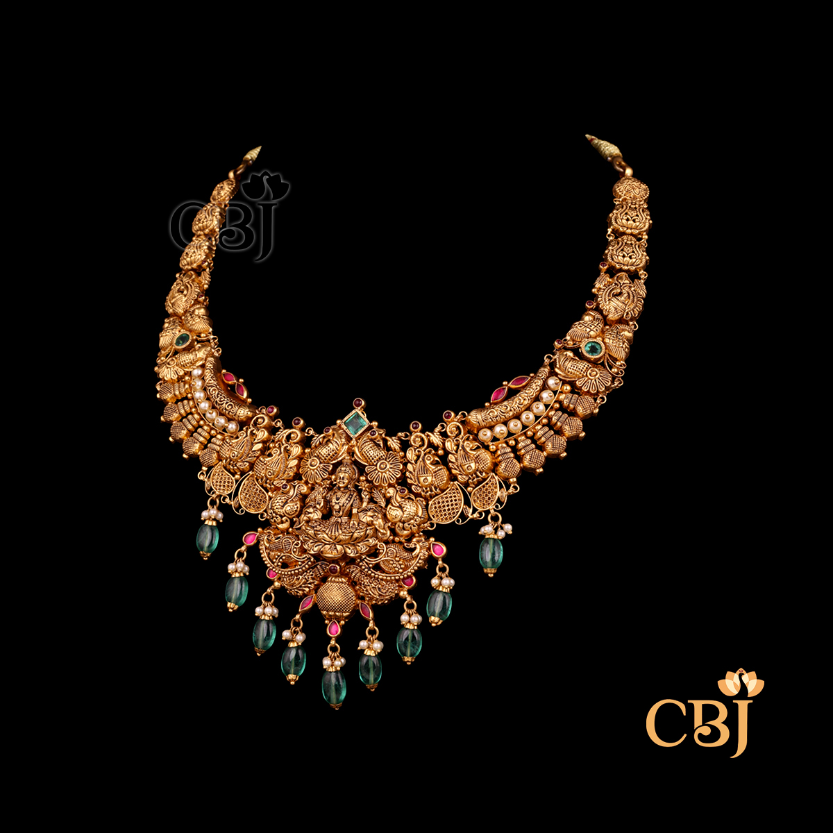 30 Antique Nakshi lightweight gold Necklace design shown as a short gold necklace with carved Nakshi detailing