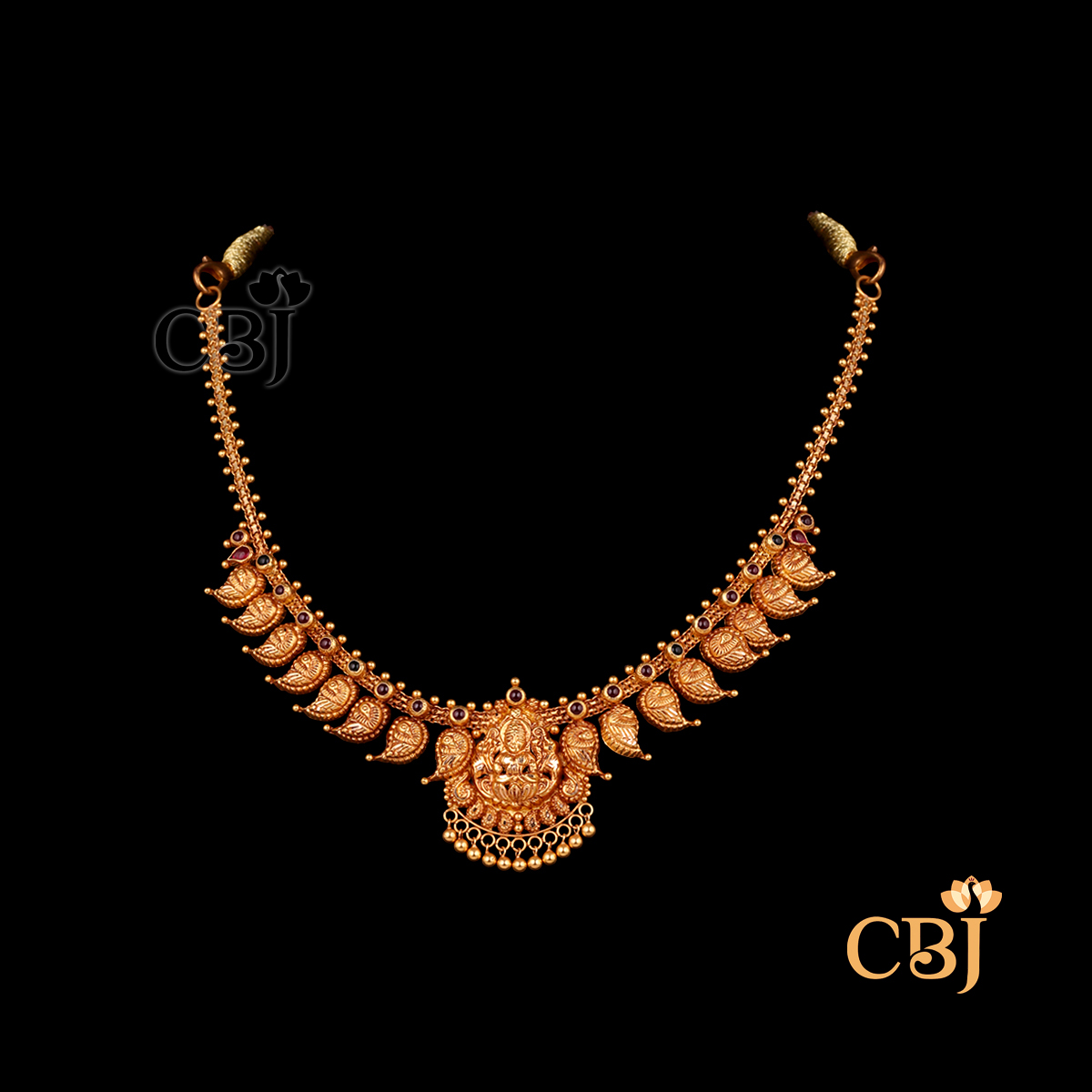 10 gram Antique lightweight gold Mango Necklace Design shown as a short gold necklace with mango-shaped motifs, antique texture, and a close-fitting neckline style.