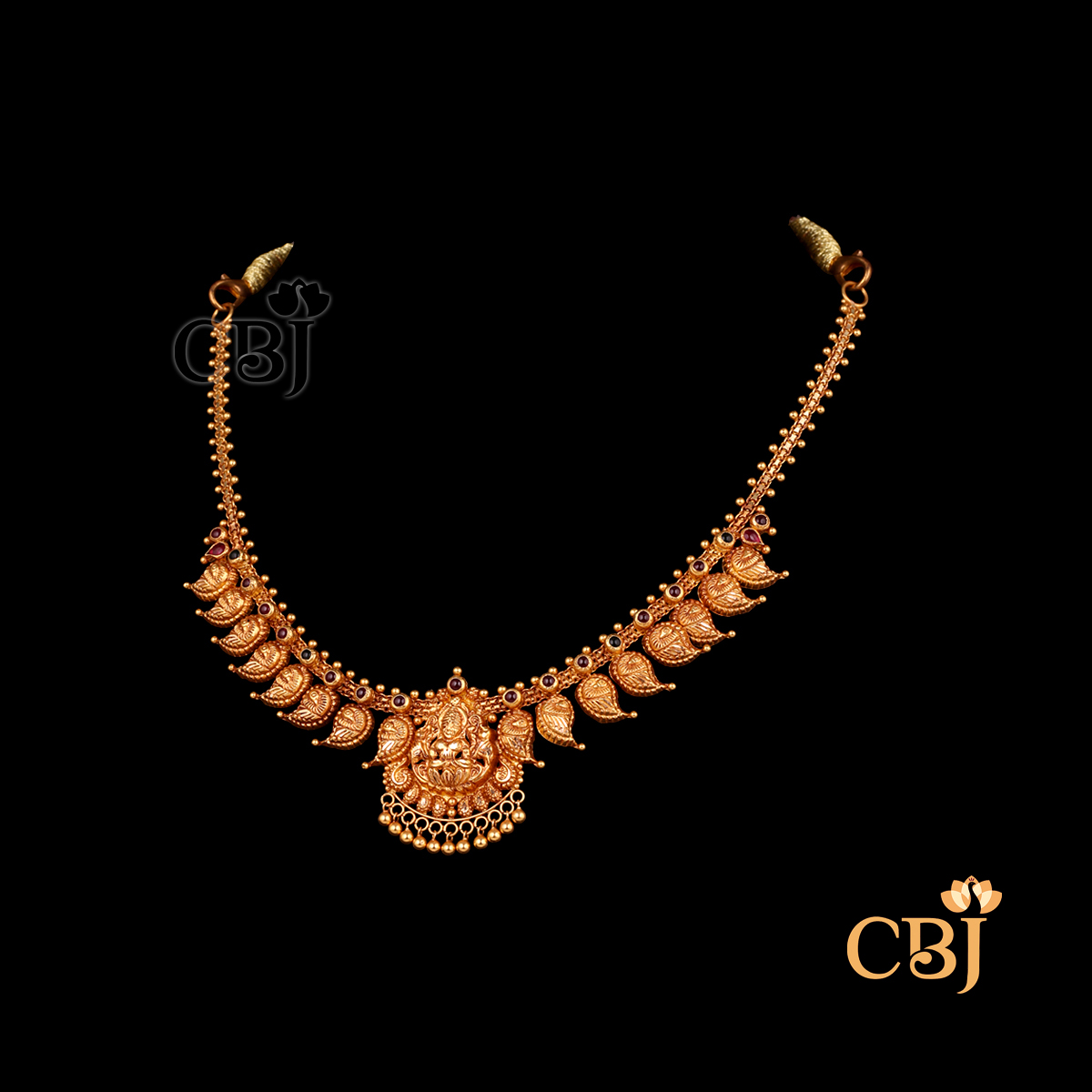 10 gram Antique lightweight gold Mango Necklace Design shown as a short gold necklace with mango-shaped motifs