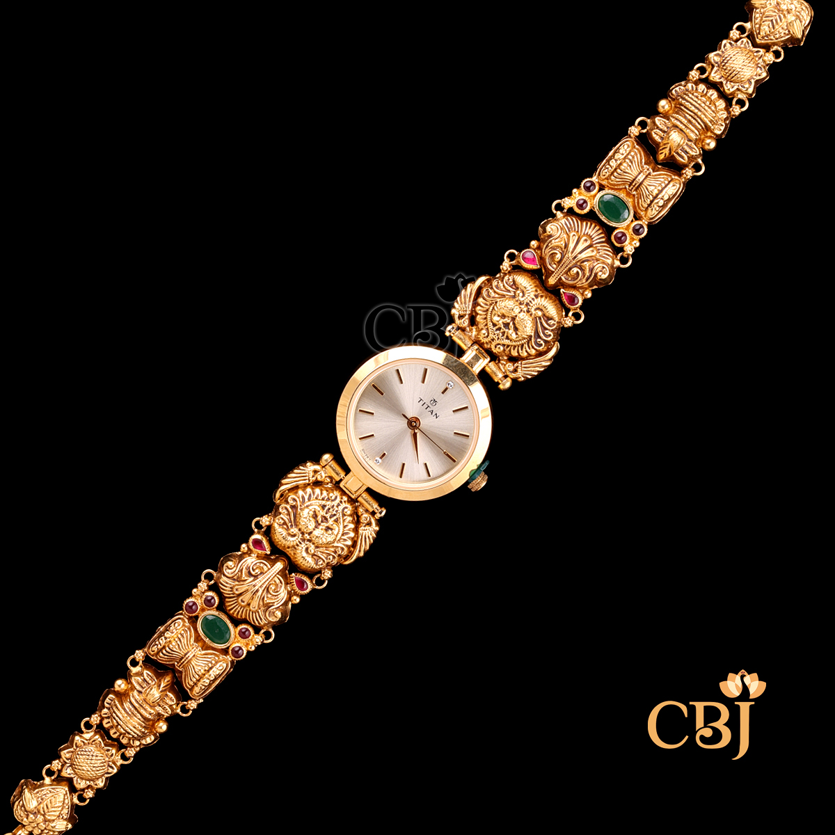 12 grams Lightweight Nakshi gold Watch Design displayed as a gold wrist watch featuring intricate Nakshi carvings on the strap and a polished gold dial frame.