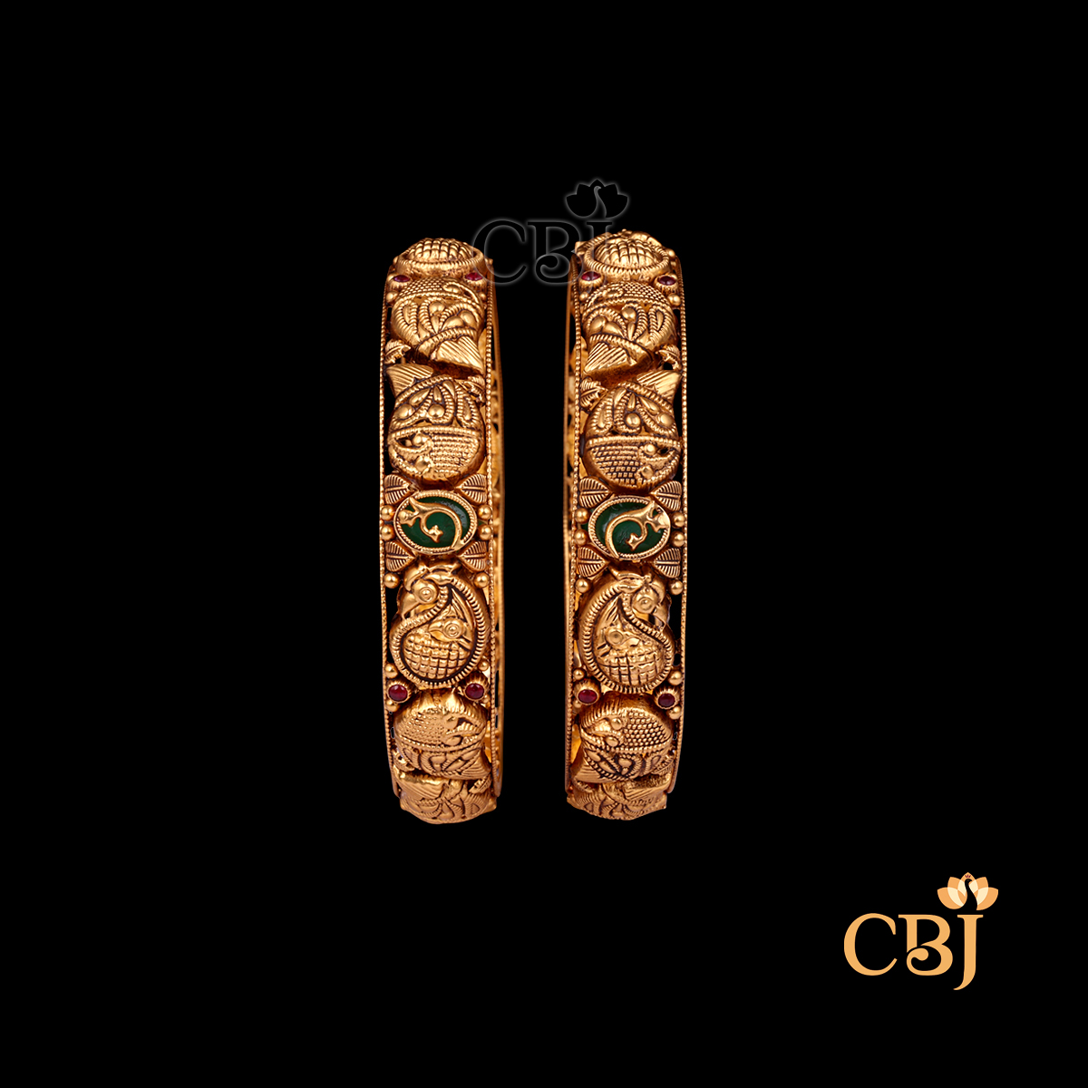 26 grams Nakshi Antique Bangles shown as a pair of gold bangles with intricate Nakshi carvings, antique finish, and circular wrist design.