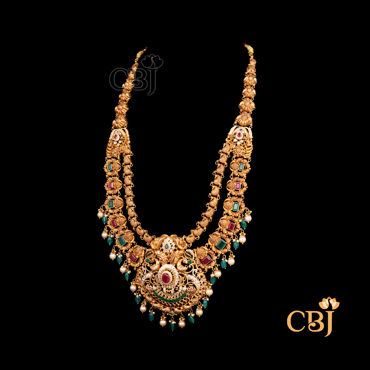 74 grams CZ pachi lightweight Long haram shown as a long gold necklace with CZ pachi stones