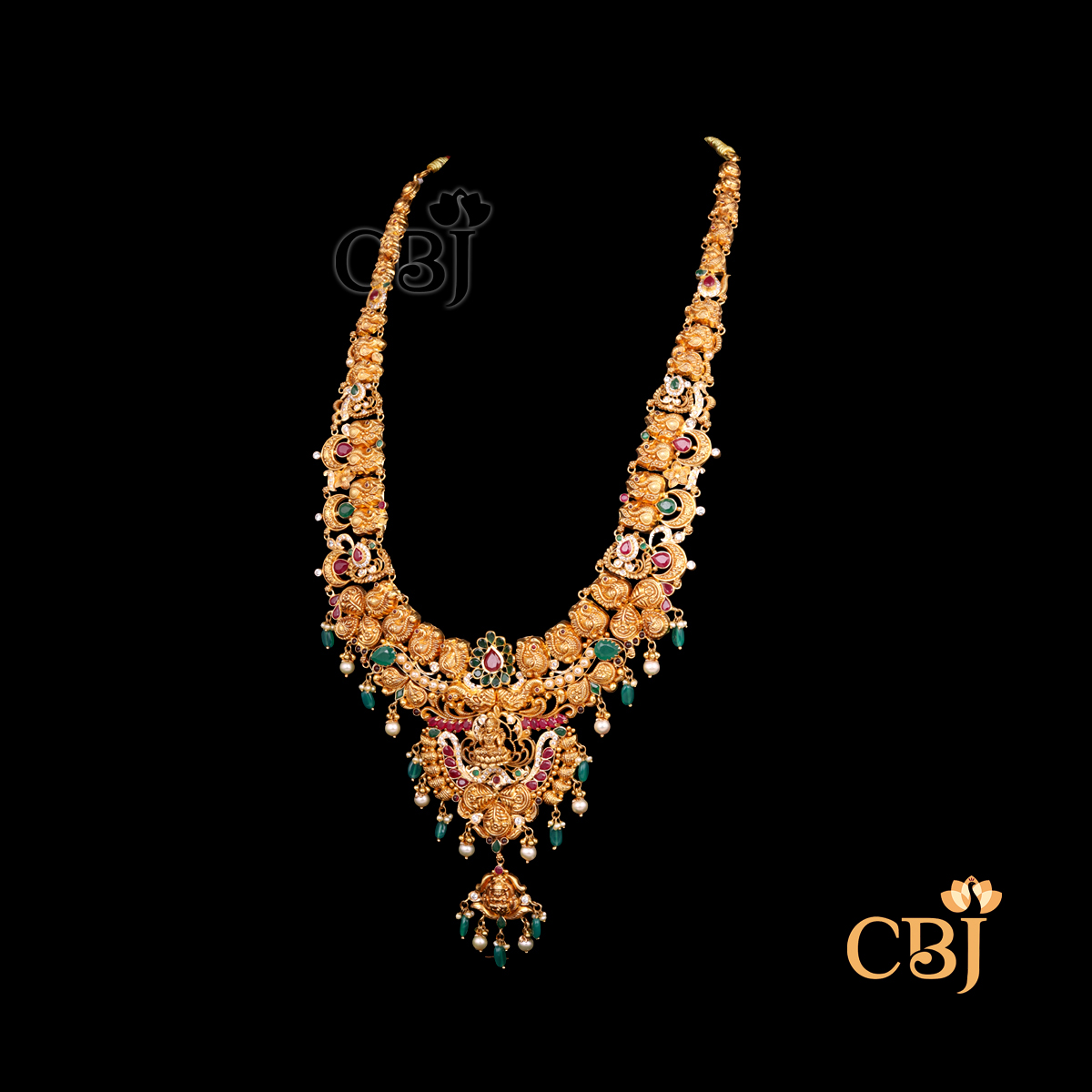 65 grams CZ pachi lightweight Long haram displayed as a long gold necklace with CZ stone work