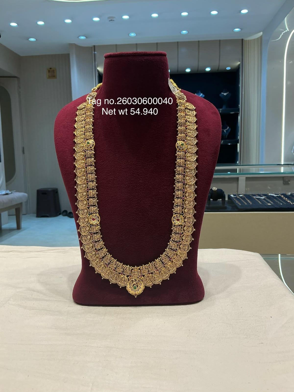 Lightweight Kasumala Lakshmi coin necklace design, Kasulamala 2 in 22K gold from CBJ Gold Diamonds Hyderabad