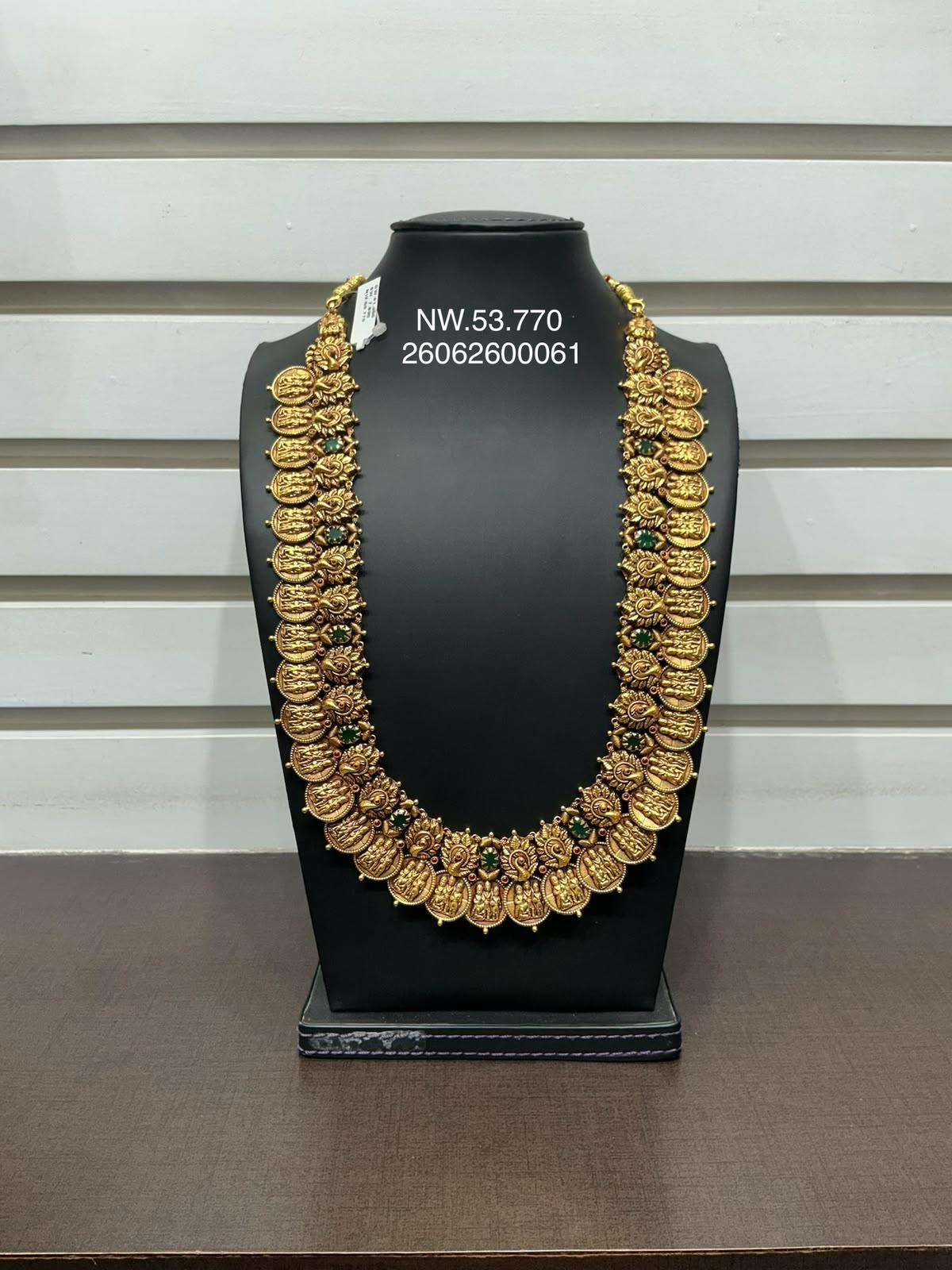 South Indian Kasula Peru coin necklace, Kasulamala 3 in 22K gold, ideal for Shravana Masam, from CBJ Gold Hyderabad