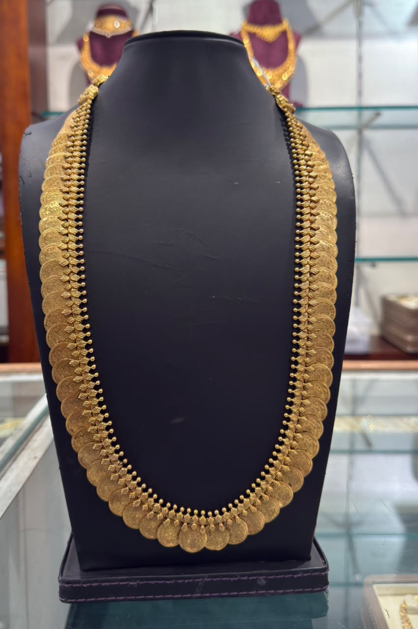 Kasula Peru Kasumala necklace design in 22K antique gold, Kasulamala 4 from CBJ Gold Hyderabad